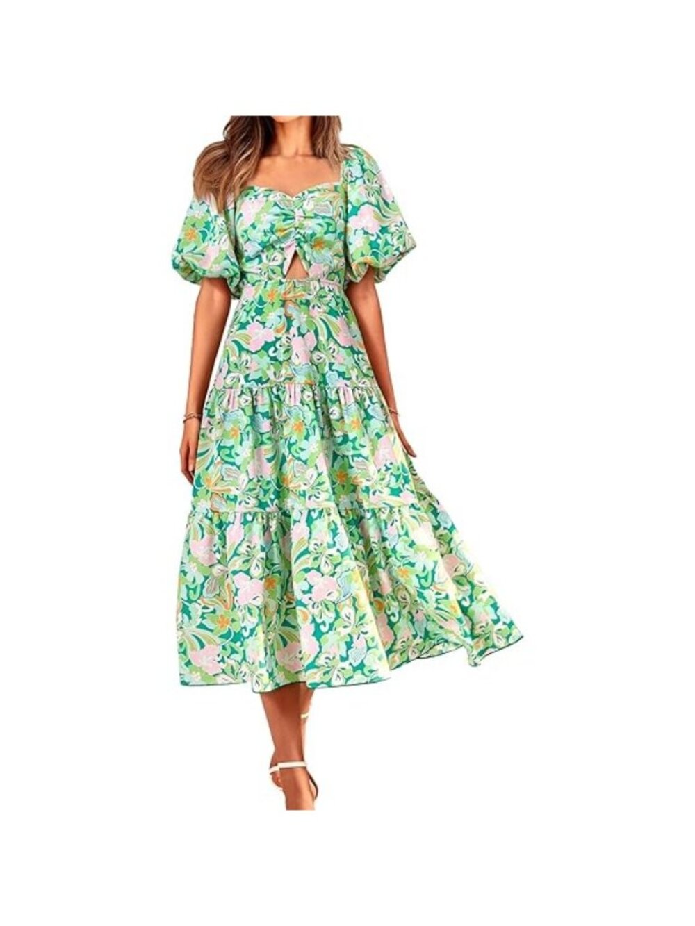 BTFBM Size L Green Florall Square Neck Puff Sleeve Summer Midi Dress Lined NEW
